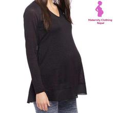 Black Solid Flared Maternity Top For Women