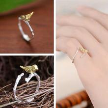 925 Silver Tree Branch Gold Bird Resizable Open Knuckle Ring