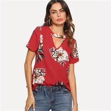 SHEIN Red Elegant V Cut Neck Keyhole Back Floral Print Short