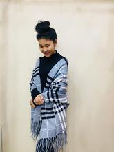 Melange Check Print Grey Sleeves Poncho