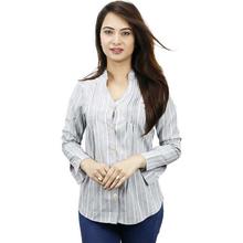 Grey Striped Front Buttoned Full Sleeve Top For Women