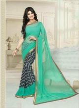 Mint Green Chevron Printed Georgette Saree With Blouse For Women