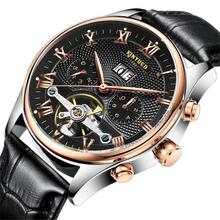 KINYUED Men's Skeleton Tourbillon Mechanical Watch Automatic Classic Rose Gold Leather Mechanical Wrist Watch Black