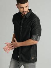 Men Black Regular Fit Solid Chambray Casual Shirt