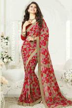 Red Patterned Georgette Saree With Blouse For Women