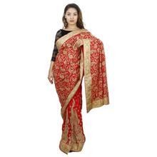 Red/Golden Silk Stone Embroidered Saree With Blouse