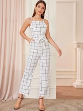 Grid Print Belted Cami Jumpsuit