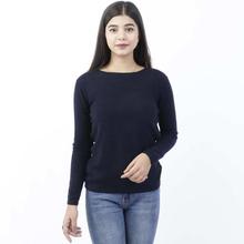 Navy Blue Solid Mix Cashmere T-Shirt For Women