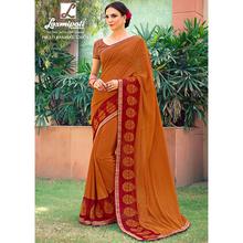 Laxmipati Pattern Design Printed Orange Georgette Designer Saree with attached Green Blouse piece for Casual, Party, Festival and Wedding