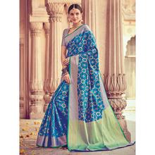 Stylee Lifestyle Full Traditional Jacquard Woven Design With Jacquard Blouse Blue Saree with Green Blouse for Wedding, Party and Festival