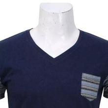 Blue Cotton V Neck Striped Sleeve T-shirt For Men