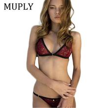 MUPLY 2018 New Fashion Red Lace Sexy Bra Set Adjustable Straps Bralette for Women Underwear 3 Point Bikini Set Soft Panties