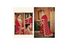 Embroidered Saree With Unstitched Blouse For Women-Red/Golden