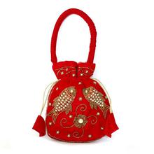 Red Velvet Fish Embroidered Hand Pouch For Women