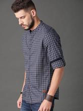 Men Charcoal Grey & Navy Blue Regular Fit Micro Check Casual Shirt