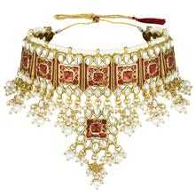 Aheli Gold Plated Red Meenakari Bridal Choker Necklace Earring Jewellery Set