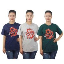 Pack Of 3 Dragon Embroidered 100% Cotton T-Shirt For Men-Blue/Black/Green