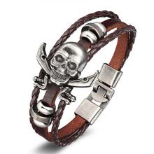 New 2018 Fashion Men's Leather Leaf Bracelets Rock Punk Skeleton Charms Cuff Bracelet Bangles Casual Jewelry Male Accessories