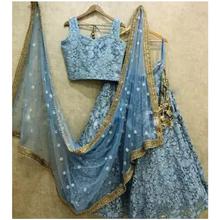 Grey Embroidered Semi Stitched Net Lehenga Set For Women