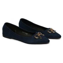 Dark Blue Front Bow Pump Flats Shoes For Women