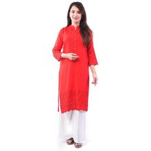 Red Rayon Chikan Embroidered Long Kurti With Palazzo Set For Women