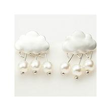 Silver Toned Faux Pearl Danglers Cloud Water Designed Earrings For Women