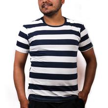 Blue-White Stripped Cotton  Printed T-Shirt For Men