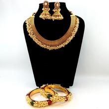 High Gold Faux Pearl Embellished Weave Designed Necklace And Earrings Set- FREE Faux Pearl Bangles