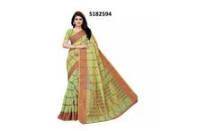 Printed Saree With Unstitched Blouse For Women-Green/Brown