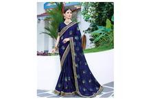 Embroidered Designer Saree With Blouse Piece For Women-Navy Blue