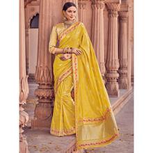 Style Lifestyle Designer Banarasi Yellow Saree with Elegant Animal Design With Jari & Woven Border with Yellow Blouse for Wedding, Party and Festival