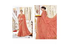Peach Embroidered Saree With Unstitched Blouse For Women
