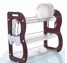 PR-088 - 3 Layered Plate Rack With Wood Panel - Brown