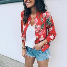 Print Bomber Jacket Women Flowers Zipper Up Retro Coat