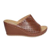 Brown Laser Cut Wedge Heel Slide Shoes For Women