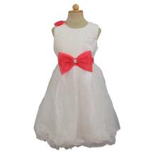 White/Pink Front Bow Designed Sleeveless Party Dress For Girls