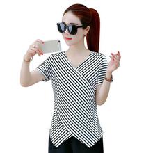 Women Short Sleeve T-shirt V-neck Striped Slim Fit Summer
