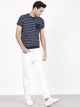 ether Men Navy Blue Striped Round Neck T-Shirt