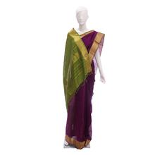 Purple Saree With Golden Border And Green Aanchal