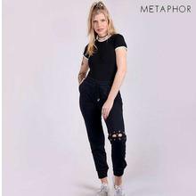 METAPHOR Black Knee Eyelet Detailed Plus Sized Joggers For Women - MJ14B