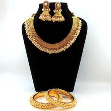High Gold Faux Pearl Embellished Weave Designed Necklace And Earrings Set- FREE Faux Pearl Bangles