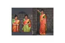 Printed Saree With Blouse Piece For Women-Orange/Green