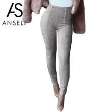 Anself High Waist Faux Suede Pants Women Winter Elastic Stretch Slim