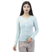 Sapphire Blue Solid Stretchable Front Buttoned Sweater For Women