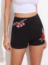 Embroidered Flower Applique Wide Waistband Shorts