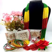Combo Of Green/Red/Yellow Potey Mala, Green/Red Stone Studded Bangles- Flower Hair Clip With Free Bindis (4 Packets)