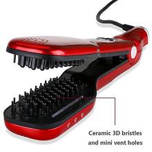 Hair Straightener Brush with Steam flat iron Brush Ceramic 3D bristles Double Plate Brush Clip Comb