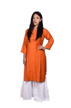 Orange Mandarin Collared Rayon Kurti With White Solid Flared Gharara - (BIS2)