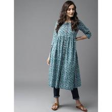 Women Teal Blue & White Printed A-Line Kurta