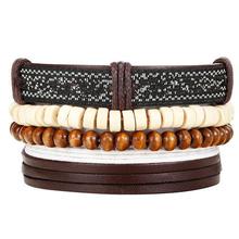 Fashion 4pcs/set Handmade Trendy Vintage Bracelets Female Homme Male Punk Wood Bead Charm Men Leather Bracelet For Women Jewelry